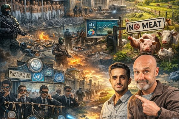 Cartoon van gevangenisregime en voedselcontrole zonder vlees, met overvolle cellen, bewaking en een bord met “No Meat”