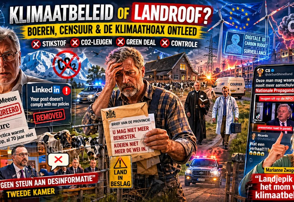 Boer ontvangt vernietigende overheidsbrief terwijl politie, huisarts en dominee al onderweg zijn, met op de achtergrond windturbines, stikstofbeleid, klimaatcensuur en Ferdinand Meeus die kritiek uit op de klimaatagenda.