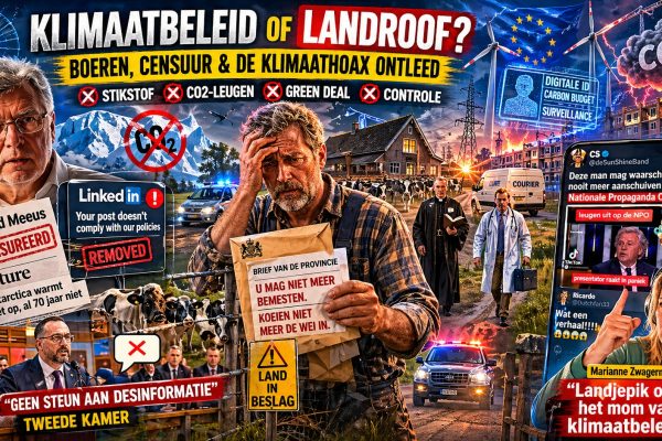 Boer ontvangt vernietigende overheidsbrief terwijl politie, huisarts en dominee al onderweg zijn, met op de achtergrond windturbines, stikstofbeleid, klimaatcensuur en Ferdinand Meeus die kritiek uit op de klimaatagenda.