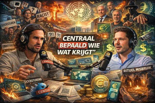 Cartoonachtige illustratie van een podcastgesprek waarin thema’s als censuur, macht, digitale valuta, media-invloed en politieke controle visueel samenkomen rond twee sprekers.