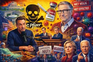 Illustratie van een kleurrijke cartoon waarin thema’s rond COVID-19, vaccinatie, rechtspraak en macht samenkomen, met symbolen zoals een vaccin, virusdeeltjes, rechtbank en mediapersoonlijkheden.