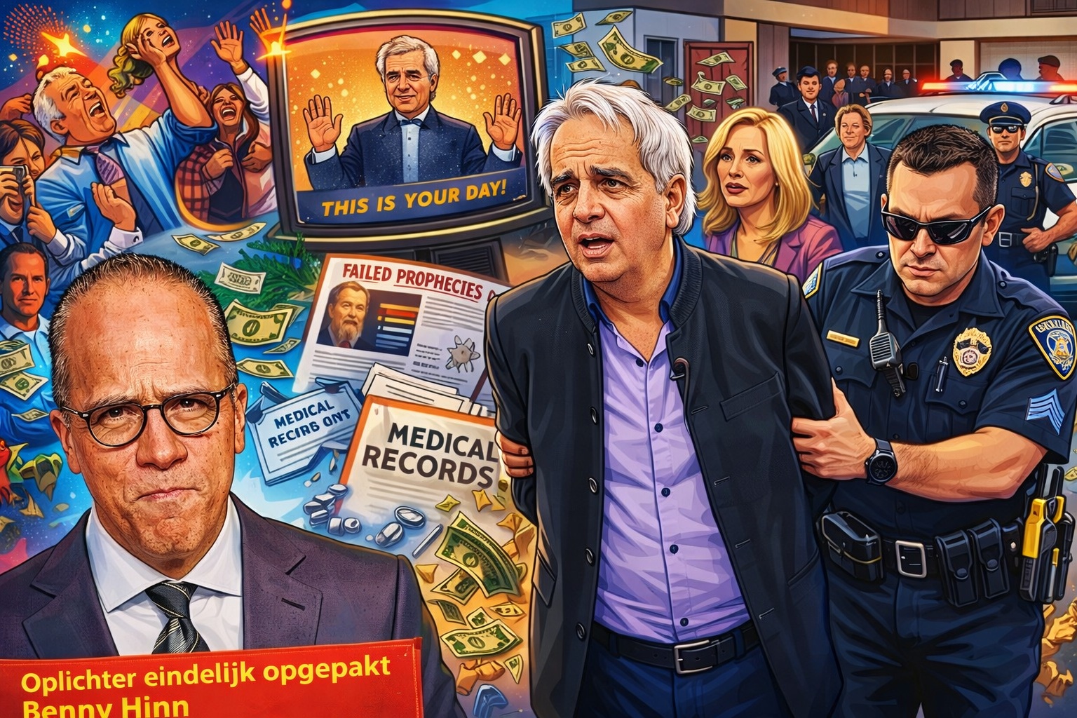 Cartoonachtige illustratie van Benny Hinn die door politie wordt afgevoerd, omringd door scènes van genezingsdiensten, geldstromen, mediaoptredens en mislukte profetieën.