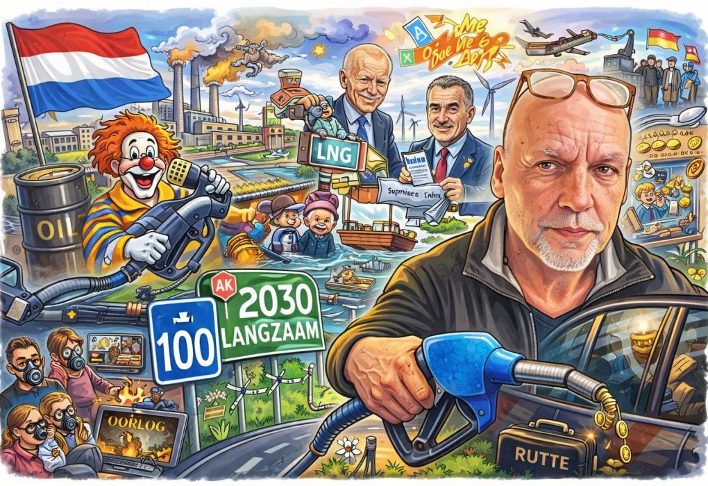 Cartoonillustratie van Ad Nuis bij een tankpomp, omringd door symbolen van energieprijzen, politiek, klimaatbeleid en maatschappelijke controle.