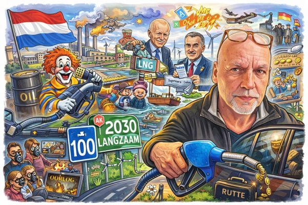 Cartoonillustratie van Ad Nuis bij een tankpomp, omringd door symbolen van energieprijzen, politiek, klimaatbeleid en maatschappelijke controle.