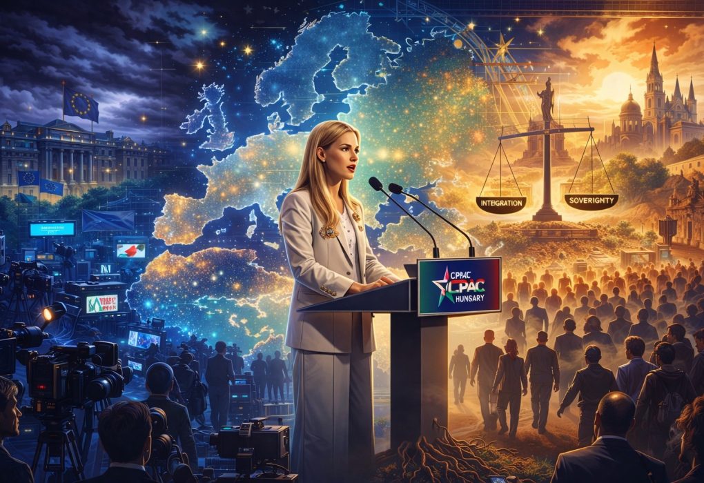 “Illustratieve cartoon van een politieke conferentie waar een vrouwelijke spreker op een podium staat, met op de achtergrond een verlichte kaart van Europa, symbolische migratiestromen, media-apparatuur en een weegschaal tussen soevereiniteit en integratie, verdeeld tussen donkere en zonnige sferen.”