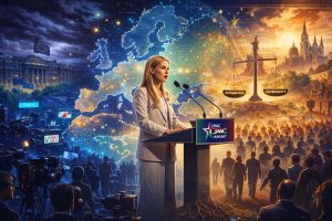 “Illustratieve cartoon van een politieke conferentie waar een vrouwelijke spreker op een podium staat, met op de achtergrond een verlichte kaart van Europa, symbolische migratiestromen, media-apparatuur en een weegschaal tussen soevereiniteit en integratie, verdeeld tussen donkere en zonnige sferen.”