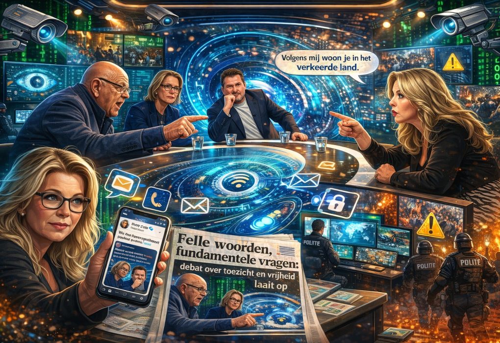 Cartoonachtige illustratie van een fel tv-debat over surveillance en vrijheid, met discussiërende panelleden, digitale monitoring-symbolen, politie en protestbeelden op de achtergrond.