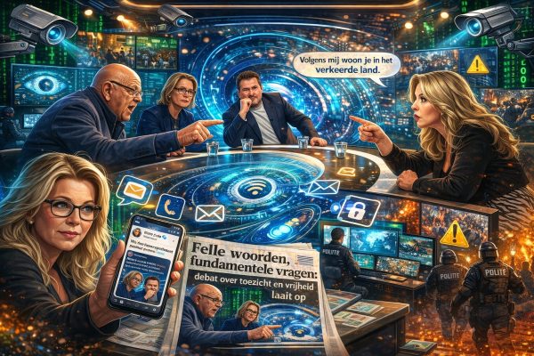 Cartoonachtige illustratie van een fel tv-debat over surveillance en vrijheid, met discussiërende panelleden, digitale monitoring-symbolen, politie en protestbeelden op de achtergrond.