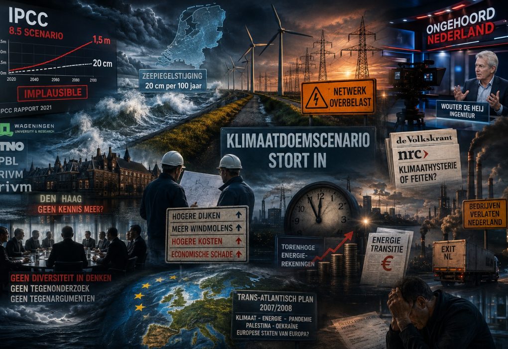 Cinematische klimaatcollage met Nederlandse dijken, IPCC-klimaatscenario’s, energietransitie, windmolens, overbelaste stroomnetten, stijgende energiekosten en politieke discussie over klimaatbeleid in Nederland.