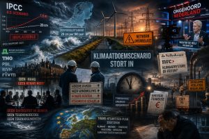 Cinematische klimaatcollage met Nederlandse dijken, IPCC-klimaatscenario’s, energietransitie, windmolens, overbelaste stroomnetten, stijgende energiekosten en politieke discussie over klimaatbeleid in Nederland.