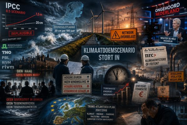 Cinematische klimaatcollage met Nederlandse dijken, IPCC-klimaatscenario’s, energietransitie, windmolens, overbelaste stroomnetten, stijgende energiekosten en politieke discussie over klimaatbeleid in Nederland.