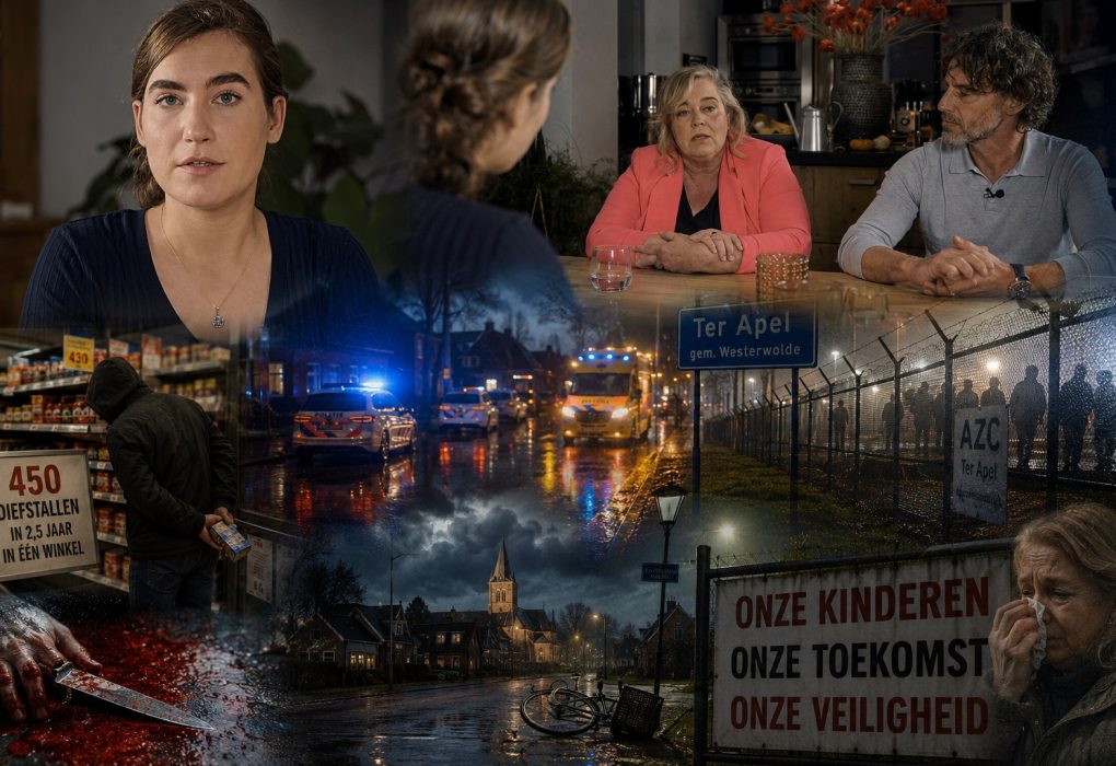 Cinematische documentaire-afbeelding over de situatie in Ter Apel met Lidewij de Vos in gesprek met inwoners, een emotionele vrouw die vertelt over geweld en angst, politie- en ambulancewagens in regenachtige straten, symbolische verwijzingen naar winkeldiefstal, criminaliteit, burgerwachten en de impact van het asielzoekerscentrum op het dagelijks leven van bewoners in het Groningse dorp.