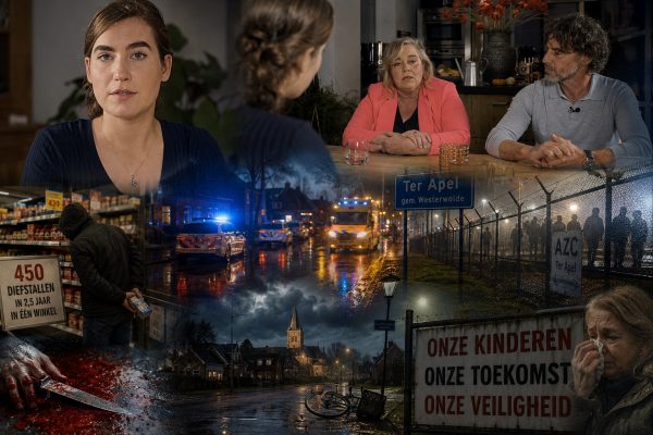 Cinematische documentaire-afbeelding over de situatie in Ter Apel met Lidewij de Vos in gesprek met inwoners, een emotionele vrouw die vertelt over geweld en angst, politie- en ambulancewagens in regenachtige straten, symbolische verwijzingen naar winkeldiefstal, criminaliteit, burgerwachten en de impact van het asielzoekerscentrum op het dagelijks leven van bewoners in het Groningse dorp.