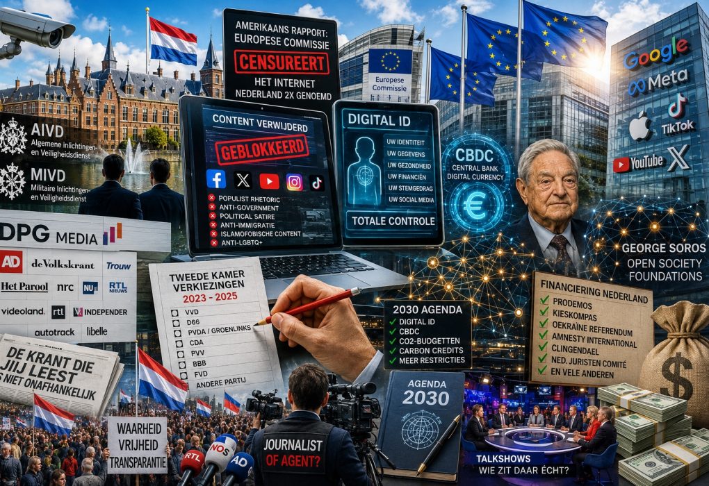 Explosieve politieke media-collage over Nederlandse censuur, AIVD, Europese Commissie, DPG Media, George Soros, CBDC en Digital ID in Nederland.