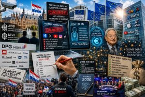 Explosieve politieke media-collage over Nederlandse censuur, AIVD, Europese Commissie, DPG Media, George Soros, CBDC en Digital ID in Nederland.