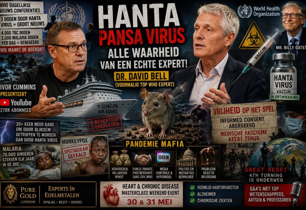 Cinematische thumbnail van Ivor Cummins en voormalig WHO-expert Dr. David Bell over het Hanta-virus, pandemiebeleid, mediahype, vaccins, WHO, publieke angst en internationale farmaceutische belangen.