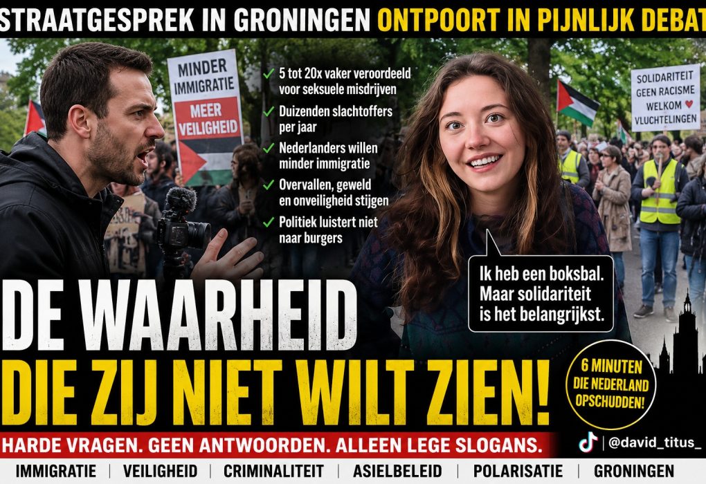 Straatinterview tijdens demonstratie in Groningen over immigratie, veiligheid en maatschappelijke polarisatie met protestborden, Palestijnse vlaggen en felle discussie tussen interviewer en demonstrante.