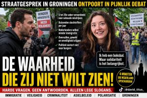 Straatinterview tijdens demonstratie in Groningen over immigratie, veiligheid en maatschappelijke polarisatie met protestborden, Palestijnse vlaggen en felle discussie tussen interviewer en demonstrante.
