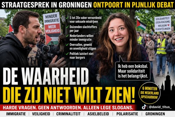 Straatinterview tijdens demonstratie in Groningen over immigratie, veiligheid en maatschappelijke polarisatie met protestborden, Palestijnse vlaggen en felle discussie tussen interviewer en demonstrante.