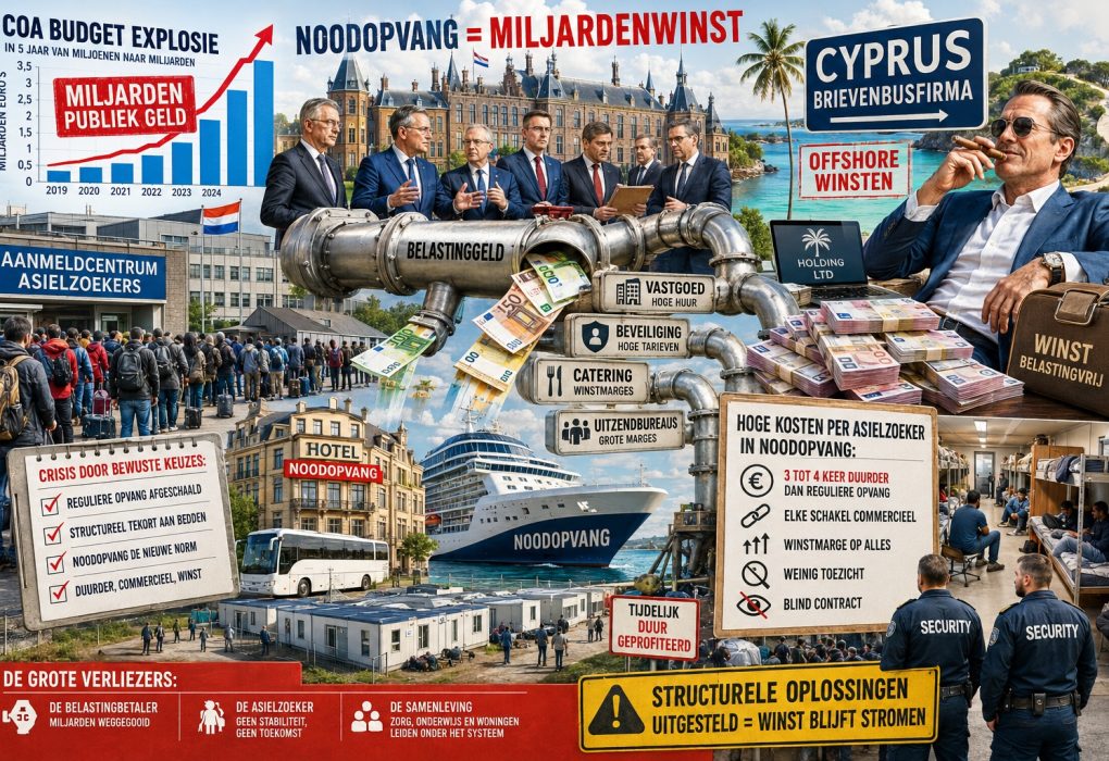 Cinematische onderzoeksafbeelding over de Nederlandse asielindustrie met noodopvanglocaties, hotels, cruiseschepen, offshore constructies, stijgende COA-budgetten en commerciële partijen die profiteren van miljarden euro’s belastinggeld terwijl de asielcrisis voortduurt.
