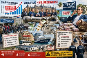 Cinematische onderzoeksafbeelding over de Nederlandse asielindustrie met noodopvanglocaties, hotels, cruiseschepen, offshore constructies, stijgende COA-budgetten en commerciële partijen die profiteren van miljarden euro’s belastinggeld terwijl de asielcrisis voortduurt.