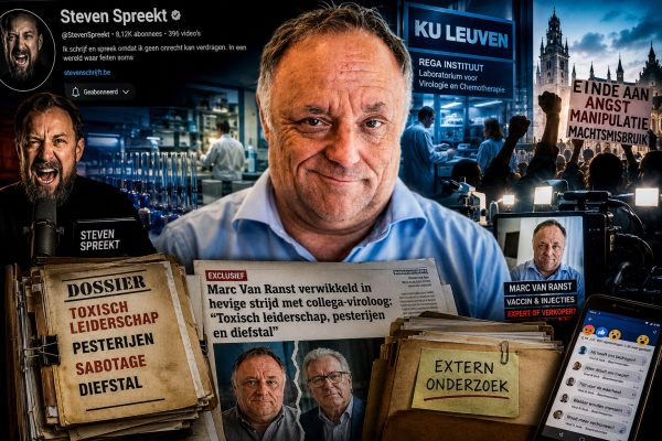 Explosieve journalistieke thumbnail over Marc Van Ranst, beschuldigingen van manipulatie, toxisch leiderschap en controverse rond KU Leuven en het Rega Instituut.