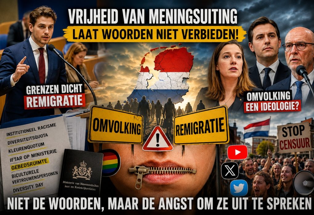 Cinematische politieke thumbnail over vrijheid van meningsuiting, censuur, omvolking en remigratie met Nederlandse politiek, protesterende menigten, waarschuwingsborden en symbolische dichtgeritste mond centraal in beeld.