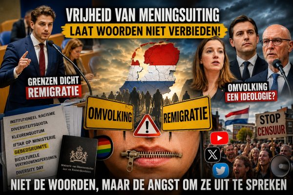 Cinematische politieke thumbnail over vrijheid van meningsuiting, censuur, omvolking en remigratie met Nederlandse politiek, protesterende menigten, waarschuwingsborden en symbolische dichtgeritste mond centraal in beeld.