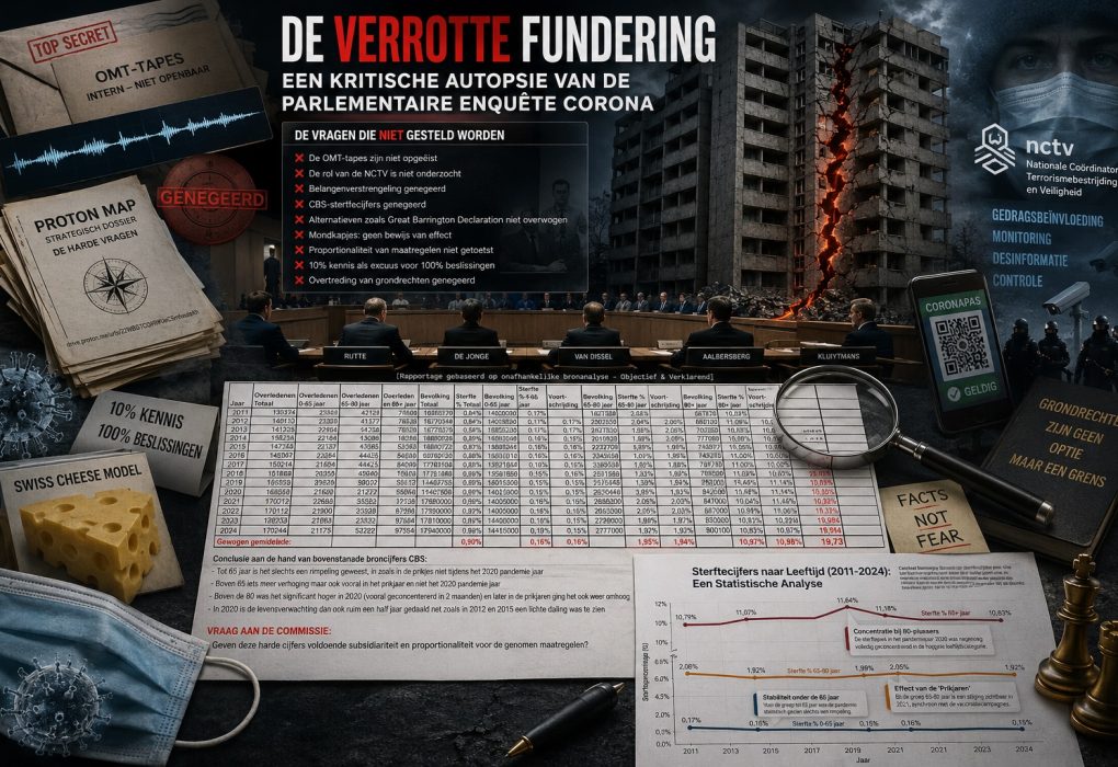 Cinematische illustratie van een ingestort appartementencomplex met een gescheurde fundering als metafoor voor de kritiek op de parlementaire corona-enquête. Op de afbeelding zijn onderzoeksdossiers, OMT-documenten, statistische tabellen, sterftecijfers, QR-codes, mondkapjes en verwijzingen naar de NCTV zichtbaar.