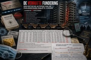 Cinematische illustratie van een ingestort appartementencomplex met een gescheurde fundering als metafoor voor de kritiek op de parlementaire corona-enquête. Op de afbeelding zijn onderzoeksdossiers, OMT-documenten, statistische tabellen, sterftecijfers, QR-codes, mondkapjes en verwijzingen naar de NCTV zichtbaar.