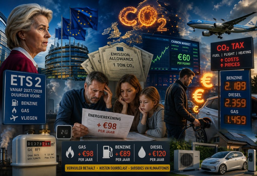 Cinematische illustratie van het Europese ETS2-klimaatbeleid met stijgende brandstofprijzen, hogere gasrekeningen, emissiehandel, CO2-heffingen, Brussel, Ursula von der Leyen, KLM-vliegtuig en Nederlandse huishoudens die worden geconfronteerd met oplopende energiekosten vanaf 2027 en 2028.