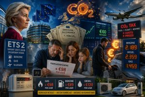 Cinematische illustratie van het Europese ETS2-klimaatbeleid met stijgende brandstofprijzen, hogere gasrekeningen, emissiehandel, CO2-heffingen, Brussel, Ursula von der Leyen, KLM-vliegtuig en Nederlandse huishoudens die worden geconfronteerd met oplopende energiekosten vanaf 2027 en 2028.