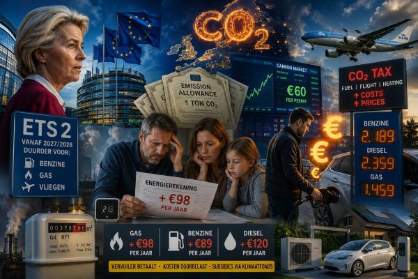 Cinematische illustratie van het Europese ETS2-klimaatbeleid met stijgende brandstofprijzen, hogere gasrekeningen, emissiehandel, CO2-heffingen, Brussel, Ursula von der Leyen, KLM-vliegtuig en Nederlandse huishoudens die worden geconfronteerd met oplopende energiekosten vanaf 2027 en 2028.