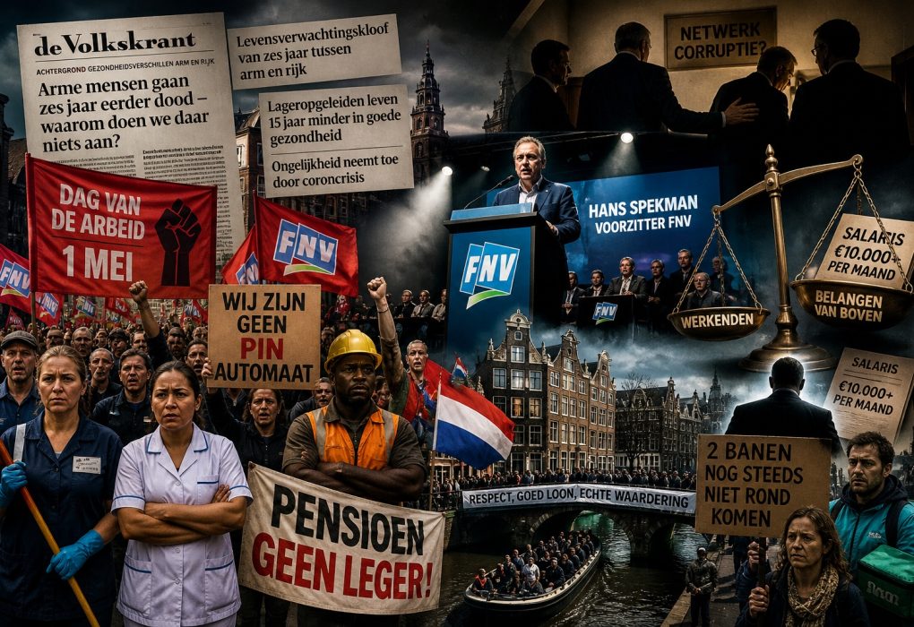 Protesterende werkenden op Dag van de Arbeid in Amsterdam met kritiek op FNV-leiderschap, stijgende pensioenleeftijd en groeiende ongelijkheid tussen arm en rijk.