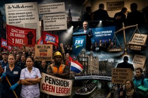 Protesterende werkenden op Dag van de Arbeid in Amsterdam met kritiek op FNV-leiderschap, stijgende pensioenleeftijd en groeiende ongelijkheid tussen arm en rijk.