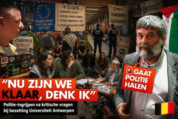 Politie grijpt in bij studentenbezetting Universiteit Antwerpen na kritische vragen aan rector over Israël, BDS en samenwerkingen.