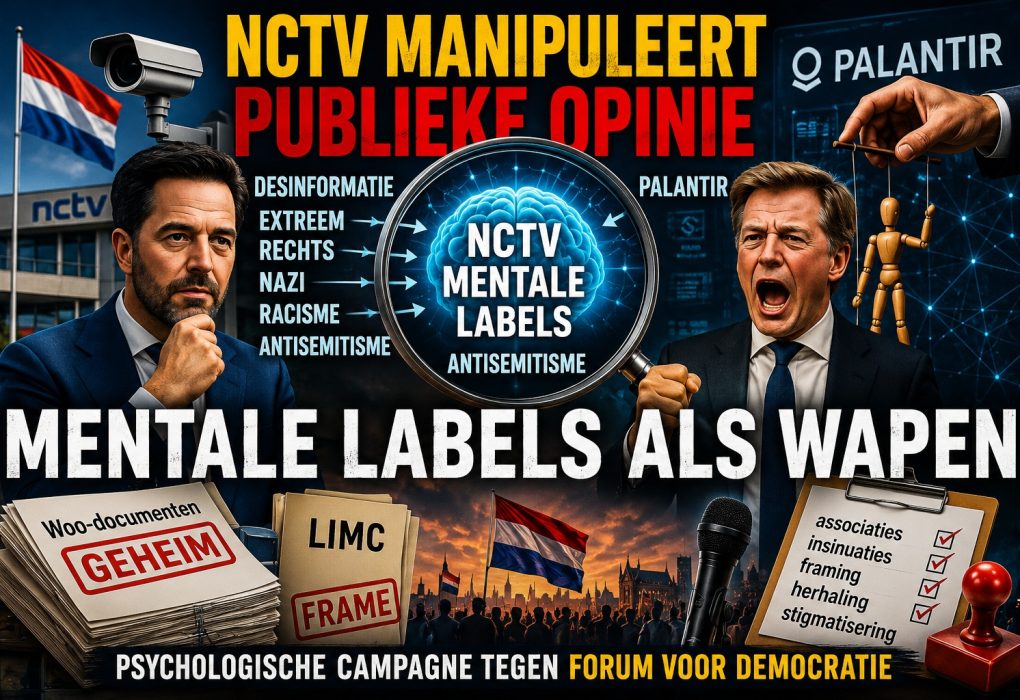 NCTV manipuleert publieke opinie met mentale labels volgens onderzoek van Dolf van Wijk. Illustratie met NCTV, Palantir, LIMC, Woo-documenten, framing, psychologische oorlogsvoering, informatieoorlog en Forum voor Democratie.