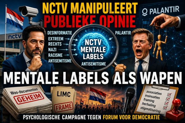 NCTV manipuleert publieke opinie met mentale labels volgens onderzoek van Dolf van Wijk. Illustratie met NCTV, Palantir, LIMC, Woo-documenten, framing, psychologische oorlogsvoering, informatieoorlog en Forum voor Democratie.