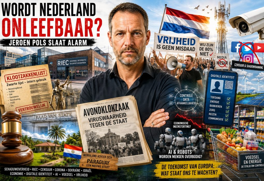 Jeroen Pols met symbolen van digitale identiteit, RIEC, censuur, surveillance, economische onzekerheid en vrijheid in Europa.