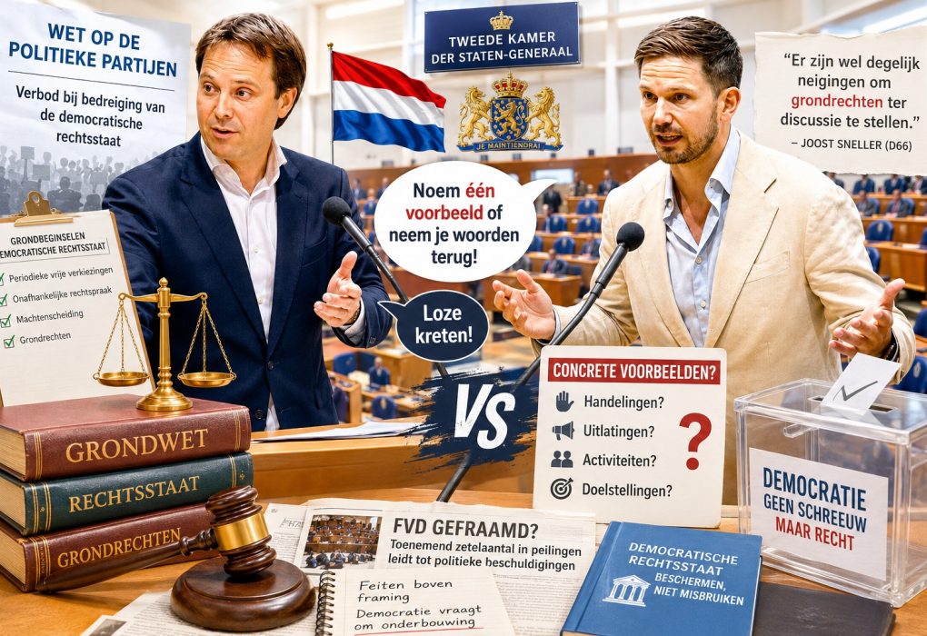 Gideon van Meijeren en Joost Sneller in een fel debat in de Tweede Kamer over democratische rechtsstaat, politieke framing en de eis om concrete voorbeelden van vermeend ondemocratisch gedrag.