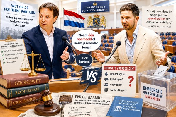 Gideon van Meijeren en Joost Sneller in een fel debat in de Tweede Kamer over democratische rechtsstaat, politieke framing en de eis om concrete voorbeelden van vermeend ondemocratisch gedrag.
