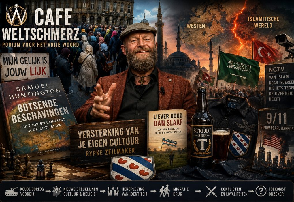 Cinematische illustratie geïnspireerd op een Café Weltschmerz-uitzending van Rypke Zeilmaker over Samuel Huntington, Botsende Beschavingen, islamitische heropleving, migratie, culturele identiteit, Friesland, geopolitieke breuklijnen, 9/11, westerse cultuur, religie, loyaliteit en maatschappelijke verandering in Europa.