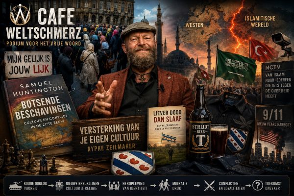 Cinematische illustratie geïnspireerd op een Café Weltschmerz-uitzending van Rypke Zeilmaker over Samuel Huntington, Botsende Beschavingen, islamitische heropleving, migratie, culturele identiteit, Friesland, geopolitieke breuklijnen, 9/11, westerse cultuur, religie, loyaliteit en maatschappelijke verandering in Europa.