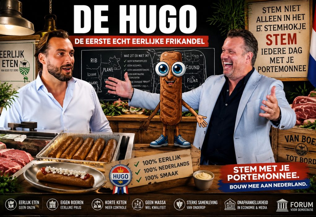 Thierry Baudet en Pim van Rijswijk presenteren De Hugo, de eerste eerlijke frikandel, tijdens een gesprek over ondernemerschap, Nederlandse boeren, economische onafhankelijkheid en stemmen met de portemonnee.