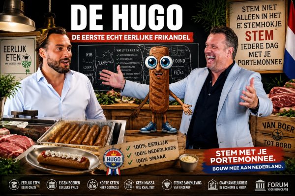 Thierry Baudet en Pim van Rijswijk presenteren De Hugo, de eerste eerlijke frikandel, tijdens een gesprek over ondernemerschap, Nederlandse boeren, economische onafhankelijkheid en stemmen met de portemonnee.