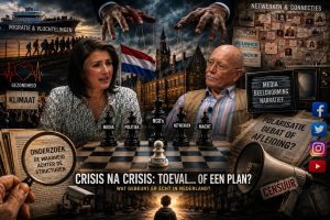 Peter Siebelt en Shohreh in een cinematografische illustratie over migratie, media, NGO-netwerken, politieke invloed, censuur, polarisatie en maatschappelijke macht in Nederland.