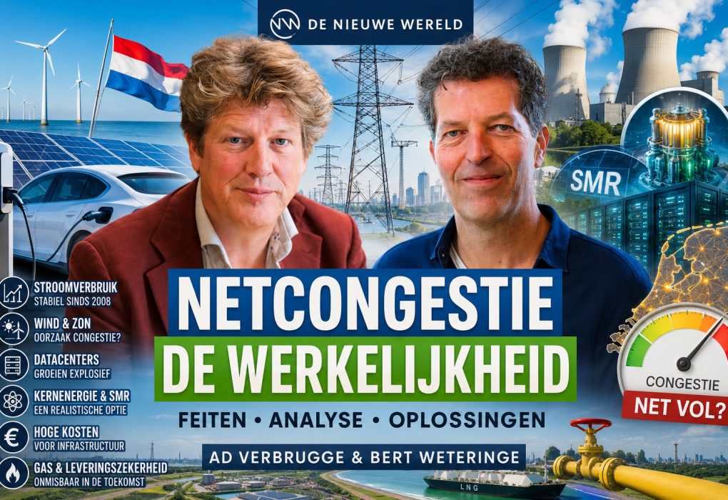 Ad Verbrugge en Bert Weteringe bespreken netcongestie, energietransitie, windparken, zonne-energie, datacenters, kernenergie, SMR-reactoren, stroomverbruik, infrastructuurkosten en de toekomst van het Nederlandse energiesysteem tegen een achtergrond van hoogspanningsmasten, energiecentrales, elektrische voertuigen en digitale infrastructuur.