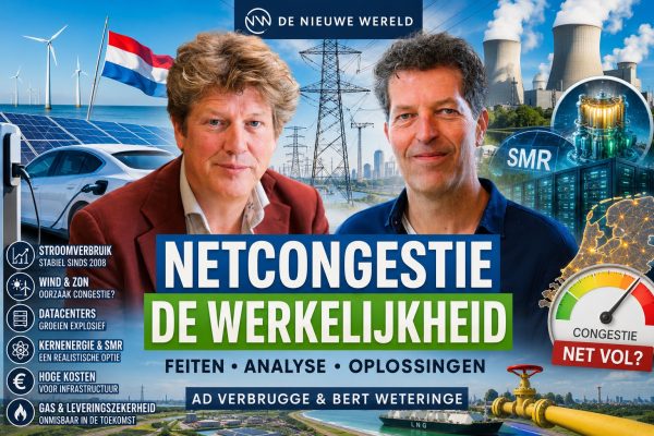 Ad Verbrugge en Bert Weteringe bespreken netcongestie, energietransitie, windparken, zonne-energie, datacenters, kernenergie, SMR-reactoren, stroomverbruik, infrastructuurkosten en de toekomst van het Nederlandse energiesysteem tegen een achtergrond van hoogspanningsmasten, energiecentrales, elektrische voertuigen en digitale infrastructuur.