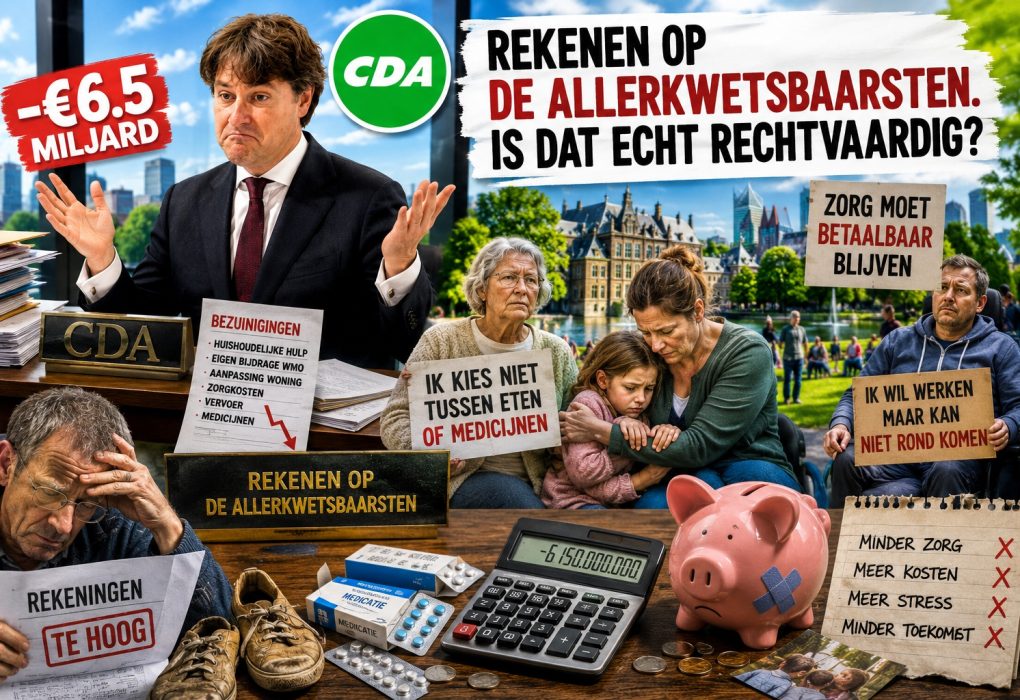 Politieke collage over zorgbezuinigingen, chronisch zieken, stijgende zorgkosten en de maatschappelijke gevolgen van bezuinigingen voor kwetsbare Nederlanders.