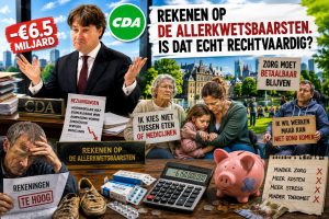 Politieke collage over zorgbezuinigingen, chronisch zieken, stijgende zorgkosten en de maatschappelijke gevolgen van bezuinigingen voor kwetsbare Nederlanders.